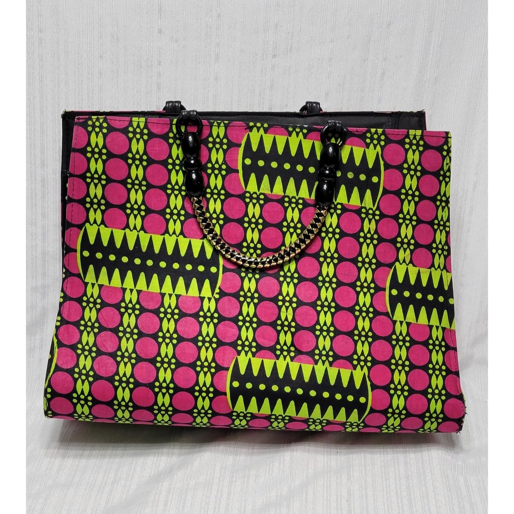 African Wax Print Tote Bag Pink Green Geometric Beaded Chain Handle Handbag